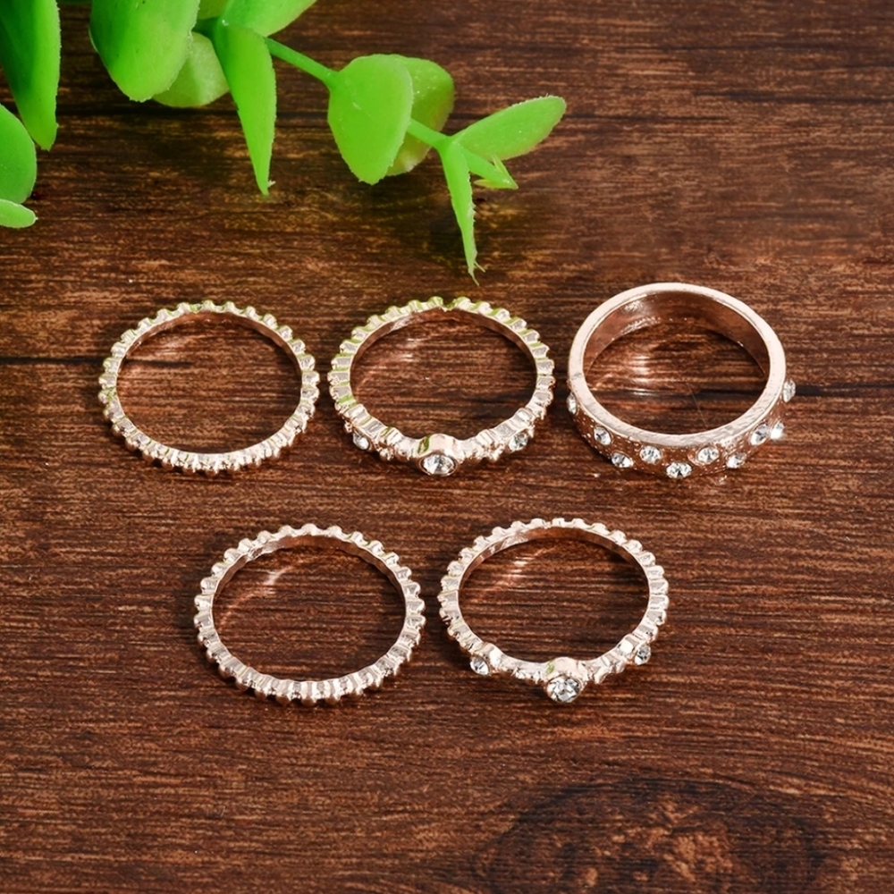 Boho 5 Piece Ring Set Sparkly Crystals Rose Gold - Picture 2 of 5